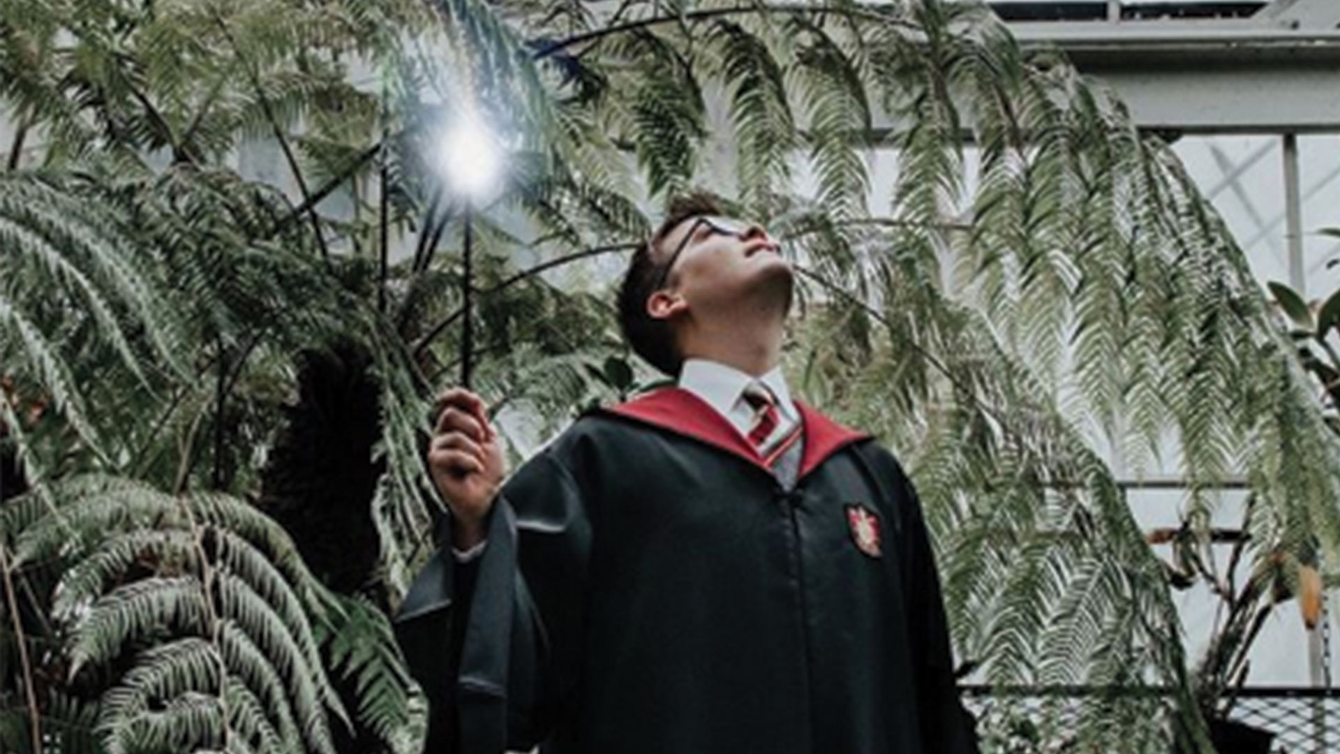 a student stands dressed as harry potter holding a wand in a greenhouse