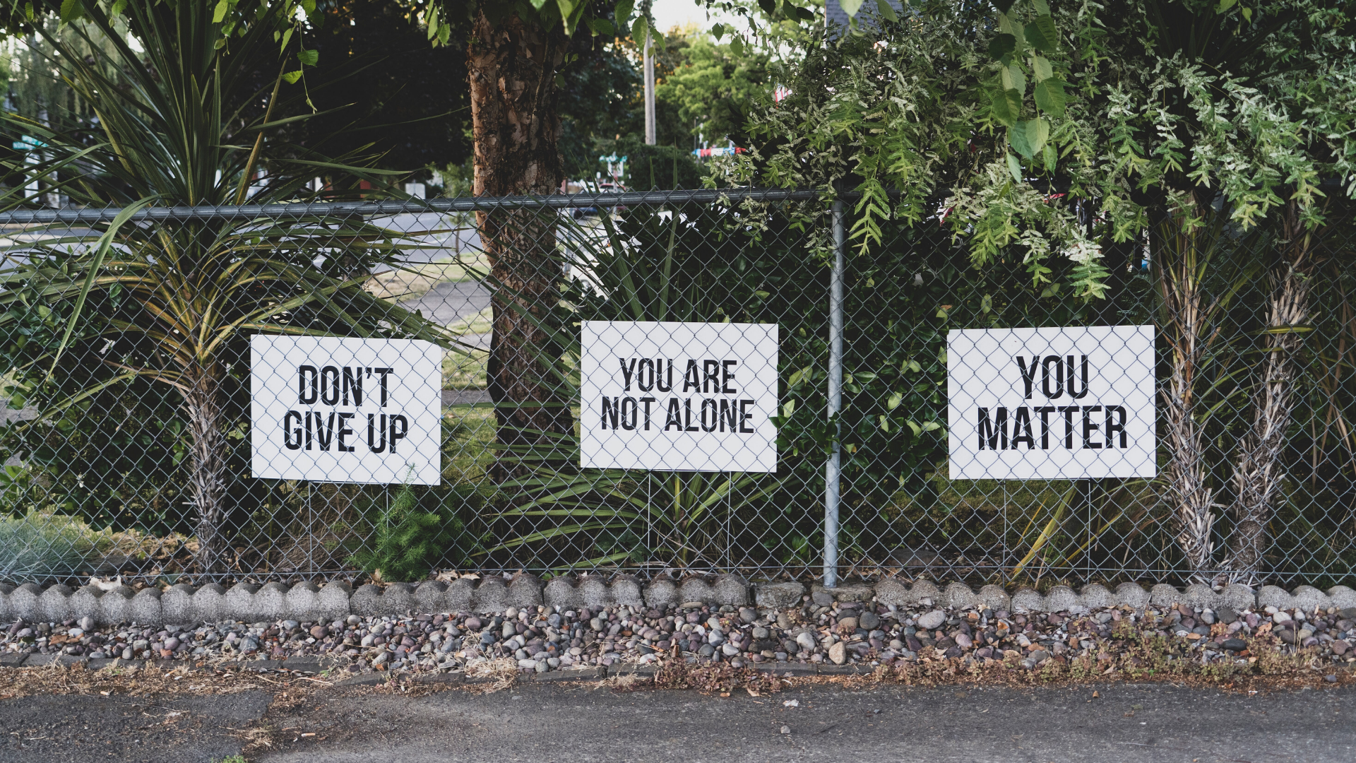 a wire fence with signs attached that have encouraging phrases