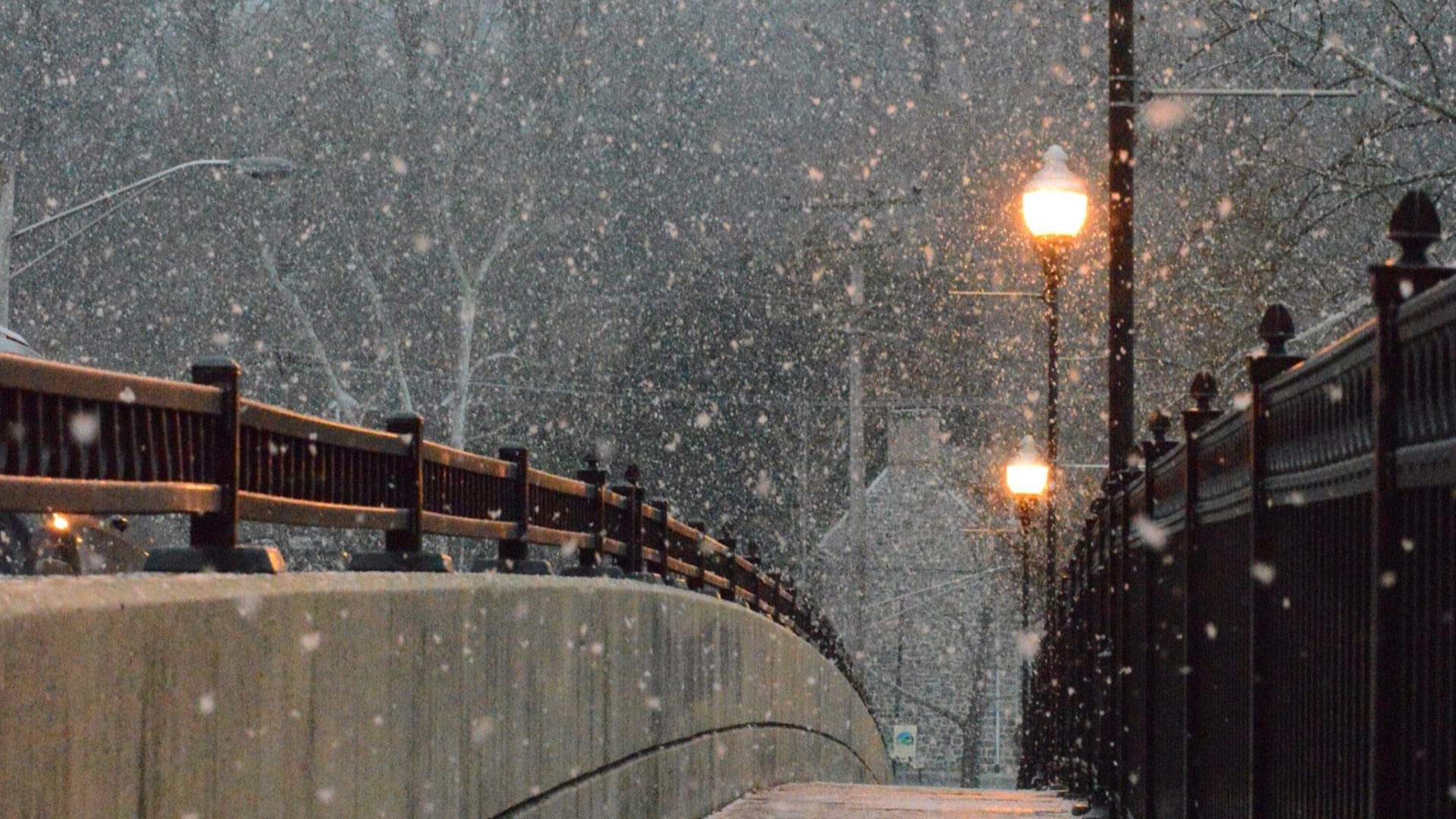 two lighted lamposts illuminate a snow-covered bridge